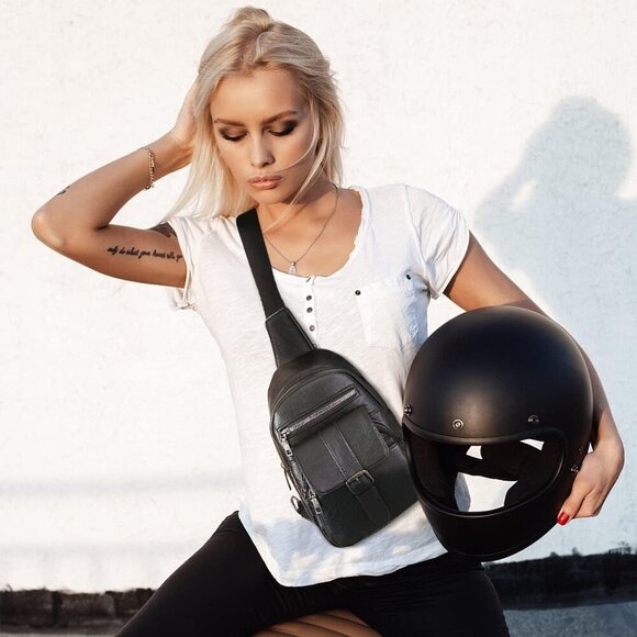 Leather Sling Bag Water-Resistant Crossbody Purse for Women Travel Outdoor - Picture 2 of 7